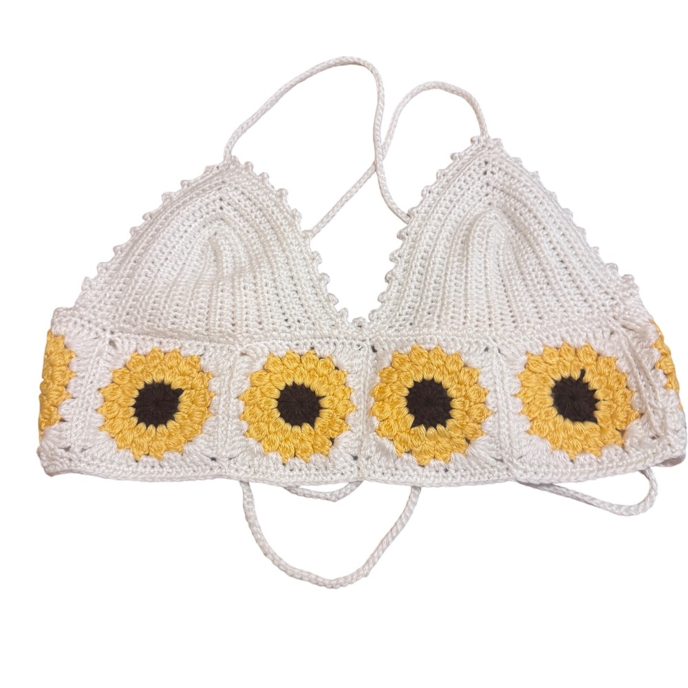 Handmade White Crochet Sunflower Granny Square Halter Crop Top Festival Boho